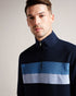 VELLER-Tops-From brisk dog walks to pub lunches, VELLER is the perfect layer to bring a touch of laidback sophistication to your look. With a funnel neck and bold striped panel, this soft modal blend jumper is an ideal addition to your weekend wardrobe. Jumper Half zip placket Modal blend Funnel neck Long sleeved Regular fit Stripe design Joseph is 6'1" / 1.85m and wears Navy in a Ted size 3- Ted Baker Romania
