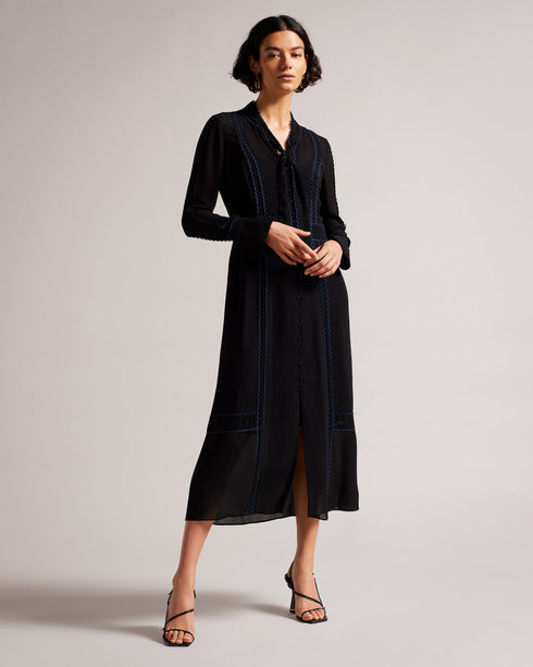 CLAIIRR-Dresses-It's the little details that make this dress so special. From its classic silhouette to the delicate lace trims and neck tie, CLAIIRR is a true wardrobe essential. Shirt dress Midi length Button fastening Long sleeved Neck tie Looped lace trims Flared sleeve cuffs V-neck Anna is 5'10" / 1.77m and wears Black in a Ted size 1- Ted Baker Romania