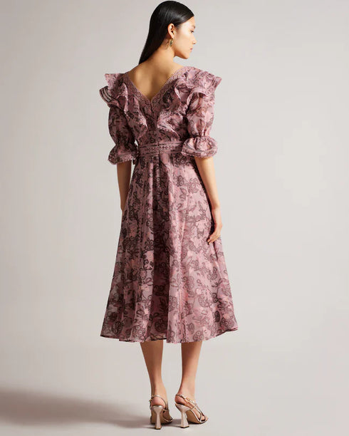 CHIONNE-Dresses-V Neck Ruffle Midi Dress With Lace Detail- Ted Baker Romania
