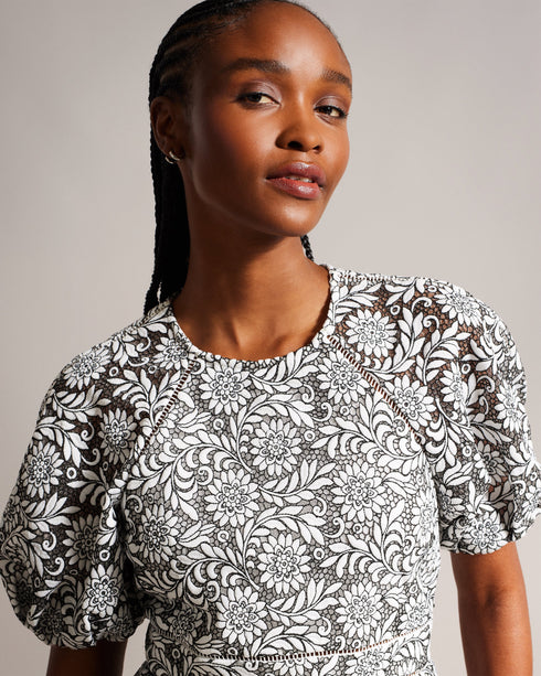 AYYAH-Dresses-Garden party? Meet AYYAH. This timeless midi's short puff sleeves add a playful touch to its silhouette, while the intricate lace detailing exudes sophistication. Midi dress Fit and flare Short puff sleeves Floral lace Ladder lace inserts Crew neck Zip fastening- Ted Baker Romania