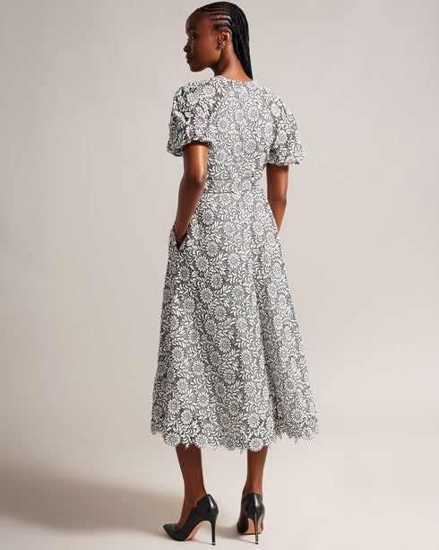 AYYAH-Dresses-Garden party? Meet AYYAH. This timeless midi's short puff sleeves add a playful touch to its silhouette, while the intricate lace detailing exudes sophistication. Midi dress Fit and flare Short puff sleeves Floral lace Ladder lace inserts Crew neck Zip fastening- Ted Baker Romania