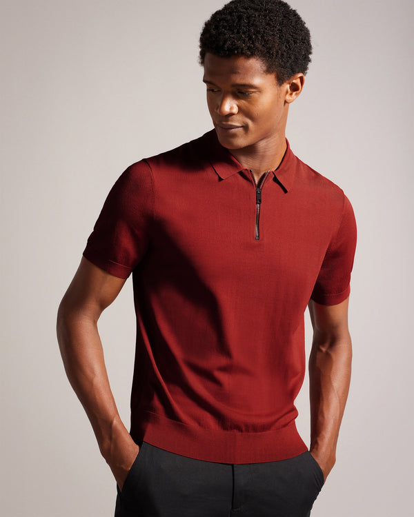 DALDIN-Knitwear-Embrace the effortless sophistication of our DALDIN polo shirt. The classic collar adds a timeless touch to the look, while the zip placket offers a modern twist on traditional design. Polo shirt Rayon Classic collar Zip placket Short sleeves O'Shea is 6'2.5" / 1.89m and wears Dark Orange in a Ted size 3- Ted Baker Romania