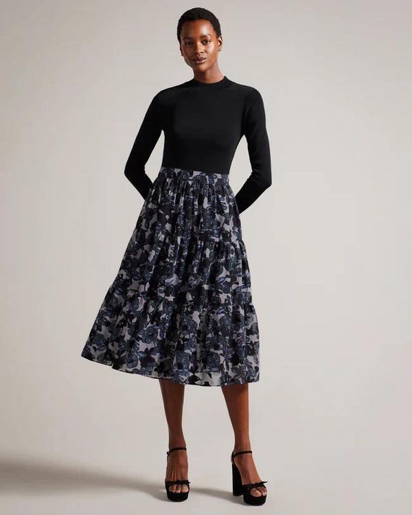 JACYKE-Dresses-Knit Bodice Midi Dress With Tiered Skirt- Ted Baker Romania