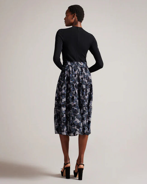 JACYKE-Dresses-Knit Bodice Midi Dress With Tiered Skirt- Ted Baker Romania