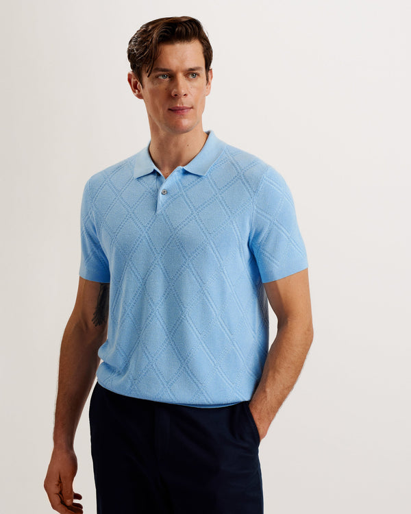 VENTAR-Knitwear-When a t-shirt just won't cut it, there's VENTAR. This knitted polo shirt features a diamond stitch pattern for subtle texture, and it's made with a linen blend material to keep it lightweight. The classic collar and button placket bring that trademark polo style for a staple that's a little bit smarter. Polo shirt Diamond pattern knit Linen blend Classic collar Button placket with T shape stitch Ribbed trims Ty is 6'1" / 1.86m and wears Bright Orange in a Ted size 3- Ted Baker Romania