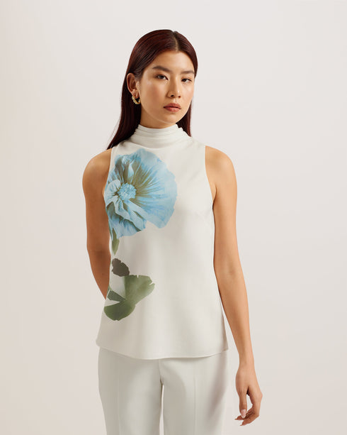 SETSUKO-Tops-It's all in the details: Sleeveless top Floral print detail Hammered satin Draped high neck Oversized tie back fastening Back keyhole Straight silhouette Stephanie is 5'8.5" / 1.74m and wears Navy in a Ted size 1- Ted Baker Romania