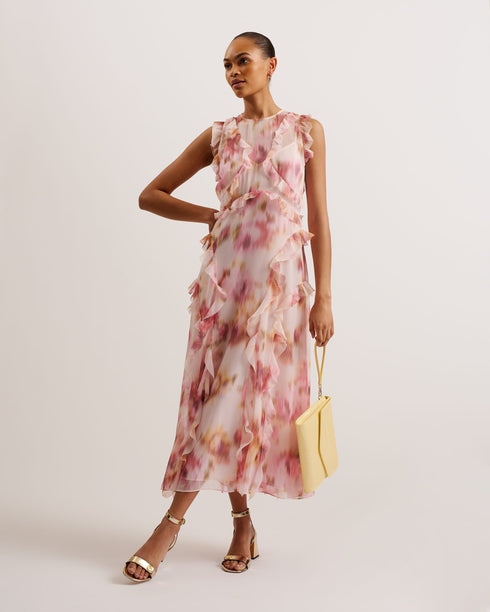 HISAKO-Dresses-Our HISAKO midi dress will bring out your feminine side. Featuring waterfall ruffles on a sleeveless flowy fit, this blurred floral print dress is perfect for all of your summertime outings. Midi dress All-over blurred floral print Sleeveless design Ruffle trims on bodice and shoulder Vertical waterfall ruffles on skirt Sheer fabric with camisole lining Concealed zip fastening Stephanie is 5'8.5" / 1.74m and wears Light Pink in a Ted size 1- Ted Baker Romania