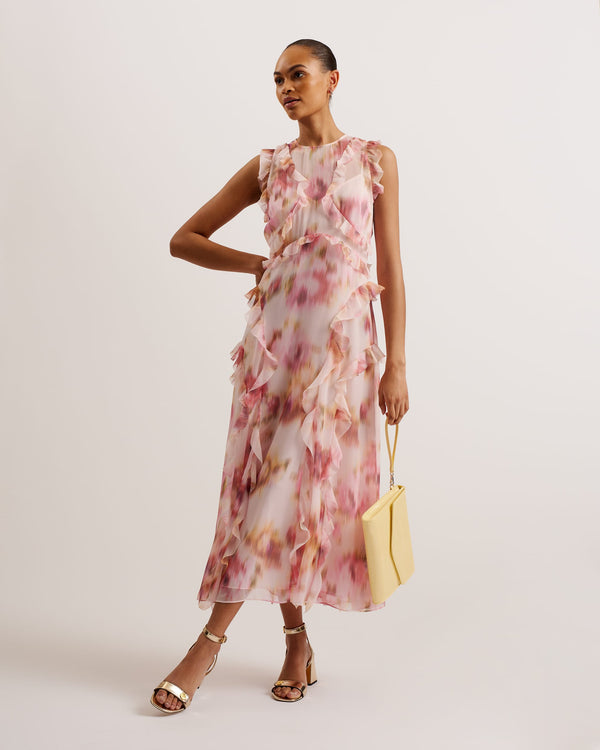 HISAKO-Dresses-Our HISAKO midi dress will bring out your feminine side. Featuring waterfall ruffles on a sleeveless flowy fit, this blurred floral print dress is perfect for all of your summertime outings. Midi dress All-over blurred floral print Sleeveless design Ruffle trims on bodice and shoulder Vertical waterfall ruffles on skirt Sheer fabric with camisole lining Concealed zip fastening Stephanie is 5'8.5" / 1.74m and wears Light Pink in a Ted size 1- Ted Baker Romania