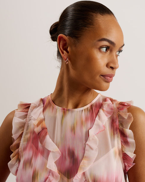 HISAKO-Dresses-Our HISAKO midi dress will bring out your feminine side. Featuring waterfall ruffles on a sleeveless flowy fit, this blurred floral print dress is perfect for all of your summertime outings. Midi dress All-over blurred floral print Sleeveless design Ruffle trims on bodice and shoulder Vertical waterfall ruffles on skirt Sheer fabric with camisole lining Concealed zip fastening Stephanie is 5'8.5" / 1.74m and wears Light Pink in a Ted size 1- Ted Baker Romania