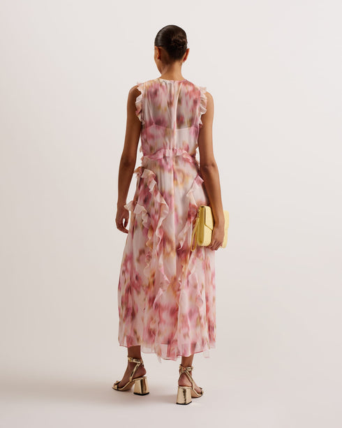 HISAKO-Dresses-Our HISAKO midi dress will bring out your feminine side. Featuring waterfall ruffles on a sleeveless flowy fit, this blurred floral print dress is perfect for all of your summertime outings. Midi dress All-over blurred floral print Sleeveless design Ruffle trims on bodice and shoulder Vertical waterfall ruffles on skirt Sheer fabric with camisole lining Concealed zip fastening Stephanie is 5'8.5" / 1.74m and wears Light Pink in a Ted size 1- Ted Baker Romania