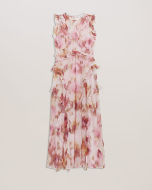 HISAKO-Dresses-Our HISAKO midi dress will bring out your feminine side. Featuring waterfall ruffles on a sleeveless flowy fit, this blurred floral print dress is perfect for all of your summertime outings. Midi dress All-over blurred floral print Sleeveless design Ruffle trims on bodice and shoulder Vertical waterfall ruffles on skirt Sheer fabric with camisole lining Concealed zip fastening Stephanie is 5'8.5" / 1.74m and wears Light Pink in a Ted size 1- Ted Baker Romania
