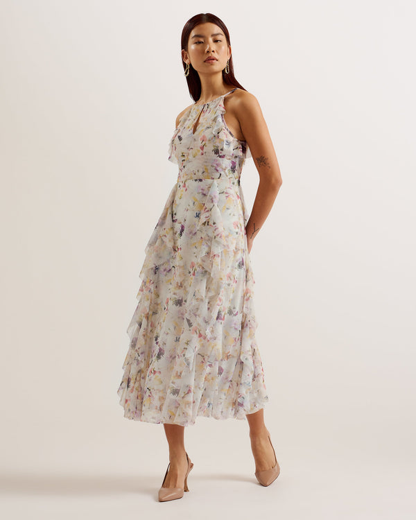 LAURIIN-Dresses-It's all in the details: Midi dress Floral print Ruffle embellishments Halter straps Keyhole neckline detail Self tie fastening A-line skirt- Ted Baker Romania