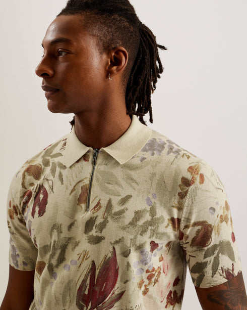 ELSDE-Knitwear-It's all in the details: Polo shirt All-over meadow print Cotton silk blend Tonal colour collar Zip placket Ribbed trims Regular fit Ty is 6'1" / 1.86m and wears a Ted size 3- Ted Baker Romania