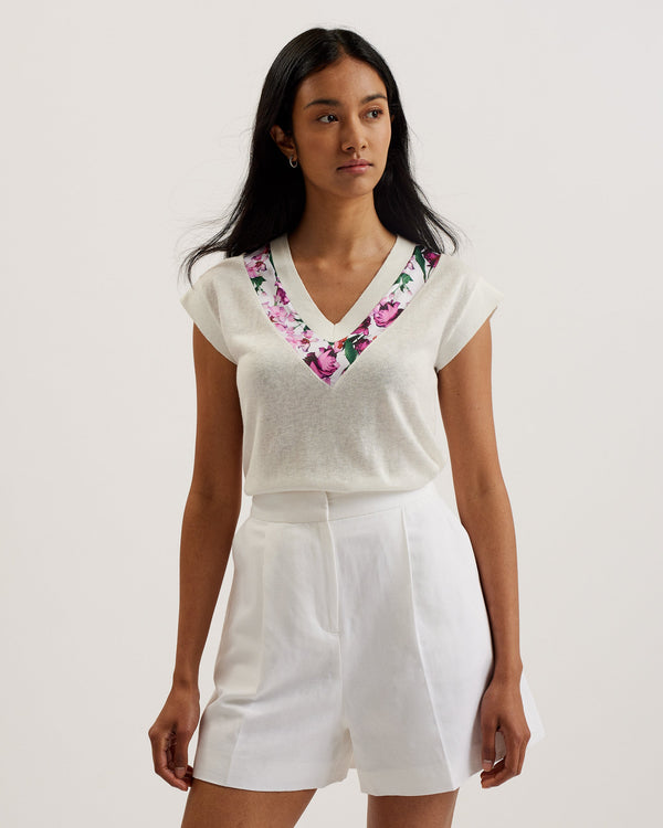 PHYLLIS-Knitwear-Short sleeve Woven Trim Knit Top- Ted Baker Romania