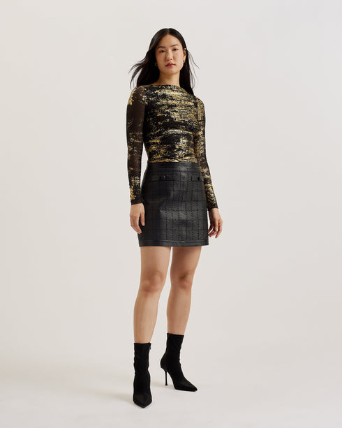 KARENHA-Tops-Foil Printed Skinny Fit Mesh Top- Ted Baker Romania