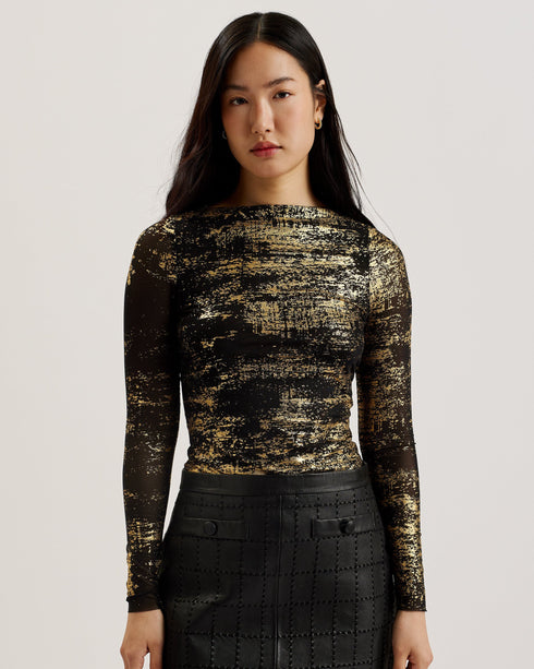 KARENHA-Tops-Foil Printed Skinny Fit Mesh Top- Ted Baker Romania