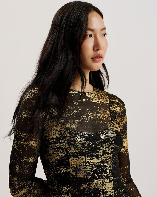 JUNHAA-Dresses-Foil Printed Long Sleeve Midi- Ted Baker Romania