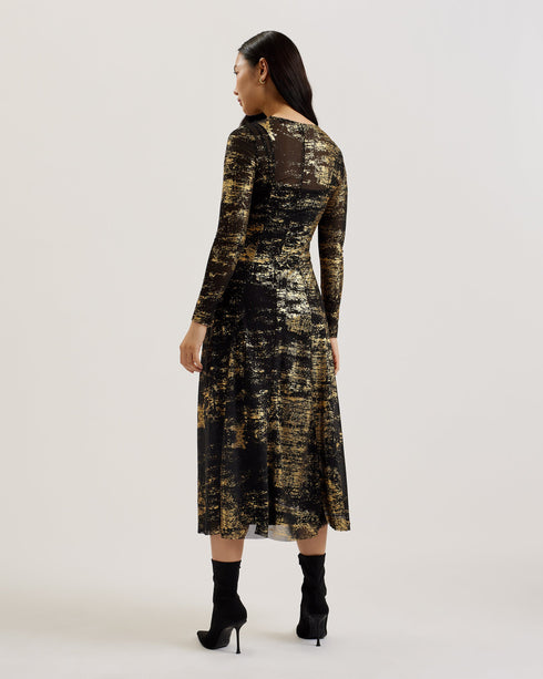 JUNHAA-Dresses-Foil Printed Long Sleeve Midi- Ted Baker Romania