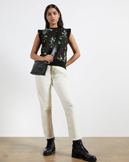 ZAPHIRA-Knitwear-Matchy-Matchy. The Zaphira Top Has Been Made From Lustrous Satin, Overlaid With A Subtle Floral Print. Finished With A Ribbed Hem And Frilled Sleeves In The Same Material, It Shapes And Highlights Your Femininity. We Would Team This Top With The Matching Skirt For The Full Wowser Effect.- Ted Baker Romania