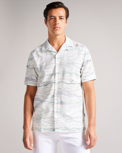 BRIARY-Shirts-Let BRIARY's waves pull you in with their effortless appeal. Made in a light weight, breathable fabric and featuring a revere collar, this shirt is perfect for the festival goer or beach-lover's wardrobe. Wear it buttoned up, or unbuttoned to let a little breeze in. Button up shirt Short sleeved Revere collar Abstract wave print Relaxed fit Linen blend Callum is 6'2" / 1.88m and wears Light Green in a Ted size 2- Ted Baker Romania