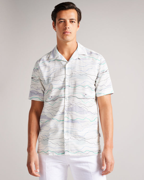 BRIARY-Shirts-Let BRIARY's waves pull you in with their effortless appeal. Made in a light weight, breathable fabric and featuring a revere collar, this shirt is perfect for the festival goer or beach-lover's wardrobe. Wear it buttoned up, or unbuttoned to let a little breeze in. Button up shirt Short sleeved Revere collar Abstract wave print Relaxed fit Linen blend Callum is 6'2" / 1.88m and wears Light Green in a Ted size 2- Ted Baker Romania