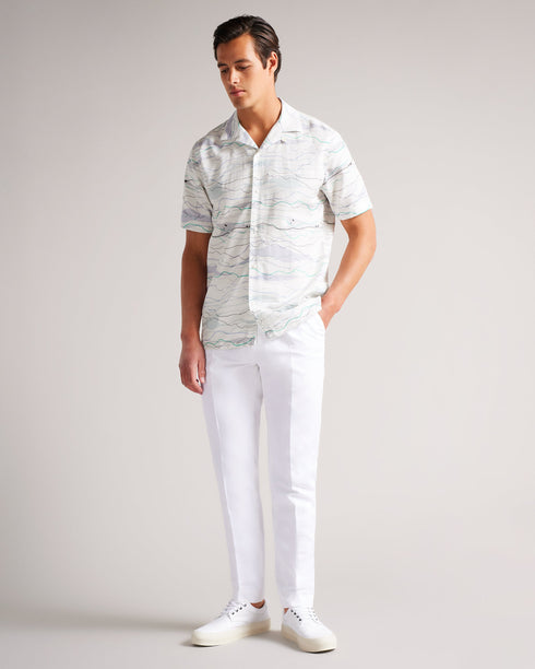 BRIARY-Shirts-Let BRIARY's waves pull you in with their effortless appeal. Made in a light weight, breathable fabric and featuring a revere collar, this shirt is perfect for the festival goer or beach-lover's wardrobe. Wear it buttoned up, or unbuttoned to let a little breeze in. Button up shirt Short sleeved Revere collar Abstract wave print Relaxed fit Linen blend Callum is 6'2" / 1.88m and wears Light Green in a Ted size 2- Ted Baker Romania