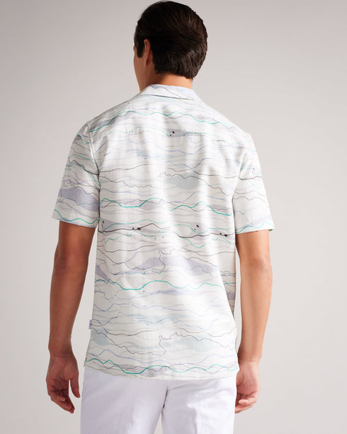 BRIARY-Shirts-Let BRIARY's waves pull you in with their effortless appeal. Made in a light weight, breathable fabric and featuring a revere collar, this shirt is perfect for the festival goer or beach-lover's wardrobe. Wear it buttoned up, or unbuttoned to let a little breeze in. Button up shirt Short sleeved Revere collar Abstract wave print Relaxed fit Linen blend Callum is 6'2" / 1.88m and wears Light Green in a Ted size 2- Ted Baker Romania