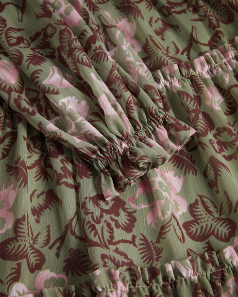 BUNNOO-Dresses-Dress up with a touch of flirty sophistication in BUNNOO. Made from a soft, lightweight fabric, this tiered swing dress features a stunning floral print and floaty tiered skirt. Dreamy.The fabric of this product is made of 100% recycled polyester. Using recycled polyester helps divert plastic waste from ending in landfills. Mini tiered swing dress Georgette texture 3/4 sleeved Self tie back Crew neck Floral Print Wendy is 5'9.5" / 1.77m and wears Khaki in a Ted size 1- Ted Baker Romania