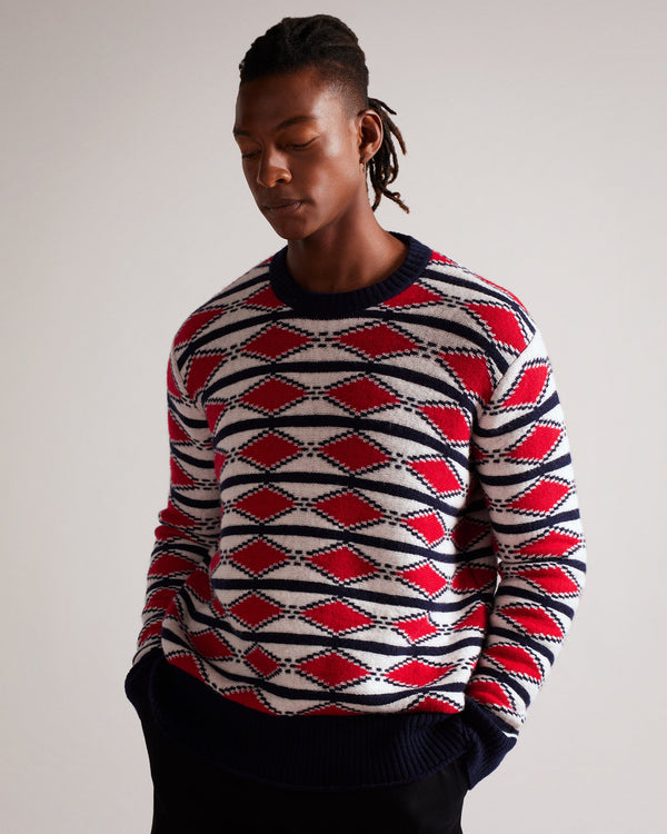 GLENFER-Knitwear-LS Jacquard Argyle Crew Neck- Ted Baker Romania