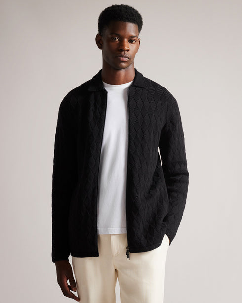 BRANM-Knitwear-BRANM is a wardrobe staple. Crafted from a cotton blend with ribbed trims and a classic collar to streamline your outerwear look. Wear it over a plain tee and pair with jeans for casual evenings and weekends.By choosing Ted Baker cotton products, you're supporting our investment in the Better Cotton Initiative's mission. This product is sourced via a system of mass balance and therefore may not contain Better Cotton. Knitted cardigan Cotton blend Zip fastening Classic collar Diamond texture P