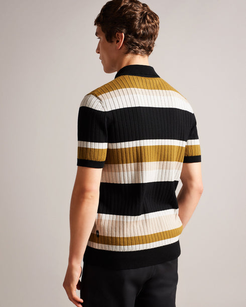 CONFER-Knitwear-Polo shirts are a staple of every man's wardrobe, and CONFER is no exception. Made from a cotton blend and featuring a button placket, it's ideal for wearing with jeans, chinos or tailored trousers while out and about. Finished with a wide stripe print and ribbed knit, it'll fast become a favourite in any style-conscious man's wardrobe. Polo shirt Short sleeved Ribbed knit Cotton blend Wide stripe print Classic collar Button placket George is 6'2" / 1.88m and wears Natural in a Ted size 3- T