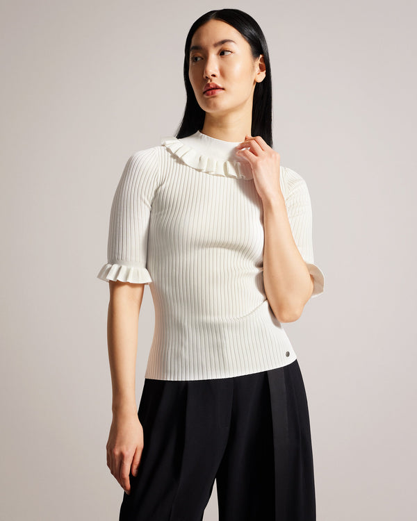 KATELLA-Knitwear-Made of stretchy knit, KATELLA is the perfect statement top to take you from season to season in style. With an oh-so-cute ruffle trim and a super soft feel, this fitted top is sure to become your new go-to. Ted Baker womenswear collection Fitted top Stretch fabric High neck Neck ruffle Ribbed knit Short sleeves with ruffle trim Amy is 5'9.5" / 1.77m and wears Black in a Ted size 1- Ted Baker Romania