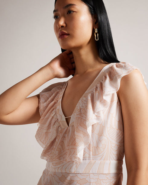 SHERIIL-Dresses-A bohemian dream come true, SHERIIL features charming ruffle details, a tiered hem, and a playful paisley print. Its deep V-neck and sleeveless design keep you cool, while the lace-up back adds the finishing touch to the look. With a convenient zip fastening, slipping into effortless glamour has never been easier.The fabric of this product is made with 55% recycled polyester. Using recycled polyester helps divert plastic waste from ending in landfills, and helps us to reduce our dependence o