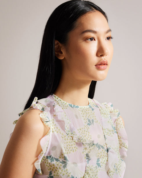 CALINIA-Dresses-It's all in the details:The fabric of this product is made with 100% recycled polyester. Using recycled polyester helps divert plastic waste from ending in landfills, and helps us to reduce our dependence on virgin materials. Midi dress Sleeveless Daisy print Waterfall ruffles Crew neck Zip fastening Chae is 5'9.5" / 1.77m and wears Lilac in a Ted size 1- Ted Baker Romania