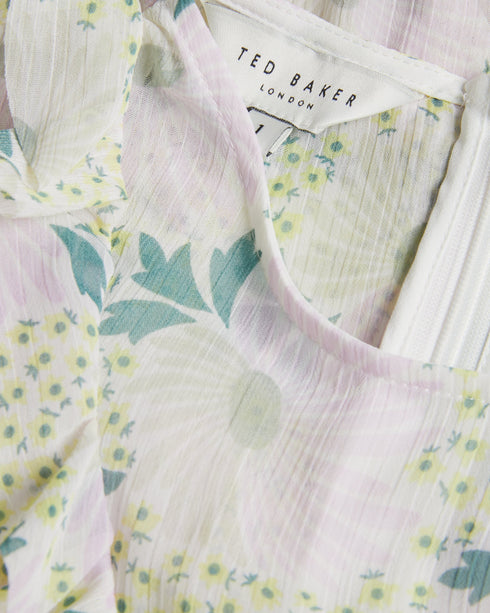 CALINIA-Dresses-It's all in the details:The fabric of this product is made with 100% recycled polyester. Using recycled polyester helps divert plastic waste from ending in landfills, and helps us to reduce our dependence on virgin materials. Midi dress Sleeveless Daisy print Waterfall ruffles Crew neck Zip fastening Chae is 5'9.5" / 1.77m and wears Lilac in a Ted size 1- Ted Baker Romania