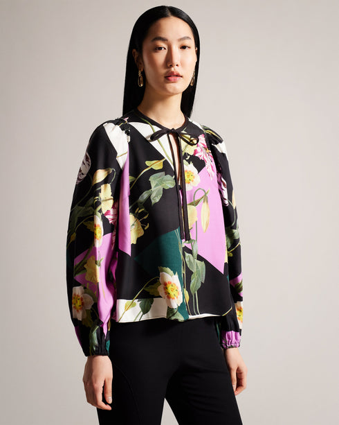 DARCELY-Tops-Boxy Long Sleeved Top with Skinny Neck Tie- Ted Baker Romania