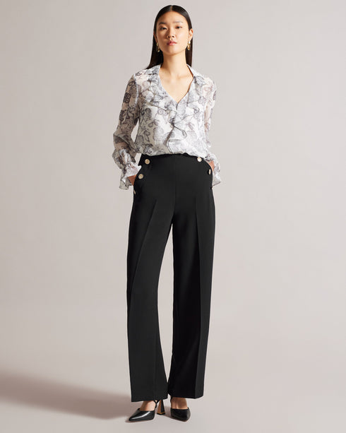 LLAYLAT-Trousers-Upgrade your work wardrobe with the LLAYLAT trousers. Tailored pleats, wide legs and high waist create a flattering silhouette that pairs perfectly with a tucked-in blouse or vest. Delicately embossed buttons add a touch of sophistication, while the pockets keep your essentials close at hand. High waisted trousers Twill fabric Wide leg Embossed buttons Pockets Tailored pleats Lined- Ted Baker Romania