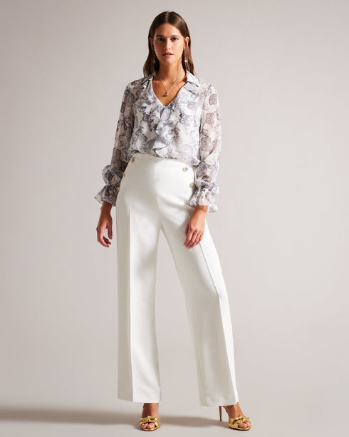 LLAYLAT-Trousers-Upgrade your work wardrobe with the LLAYLAT trousers. Tailored pleats, wide legs and high waist create a flattering silhouette that pairs perfectly with a tucked-in blouse or vest. Delicately embossed buttons add a touch of sophistication, while the pockets keep your essentials close at hand. High waisted trousers Twill fabric Wide leg Embossed buttons Pockets Tailored pleats Lined- Ted Baker Romania