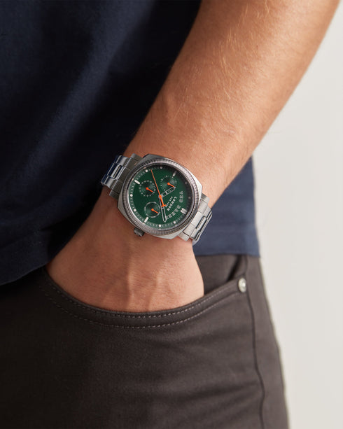 QUART-Watches-Stay on time, in style with QUART. This stylish and functional watch features a chronograph dial that provides additional timekeeping functions. Made with a durable stainless steel bracelet, this watch is water resistant up to 50m and is designed to withstand the demands of a busy workday. With a 1-year warranty, you can be confident in your investment and keep moving forward with style.Now available with sustainably sourced packaging, with paper materials sourced from FSC certified, sustainab