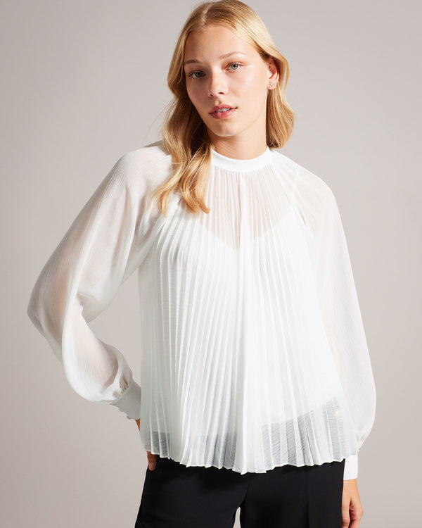 MACENZI-Tops-Elevate your wardrobe with this pleated blouse that effortlessly combines style and comfort. A regular fit, bishop sleeves, and crew neck make MACENZI a versatile choice for any occasion. Whether you're headed to the office or out for a casual evening, this blouse will keep you looking chic and feeling confident. Pleated blouse Crew neck Regular fit Bishop sleeves Hook and eye fastening Part lined Jara is 5'10.5" / 1.79m and wears Ivory in a Ted size 1- Ted Baker Romania