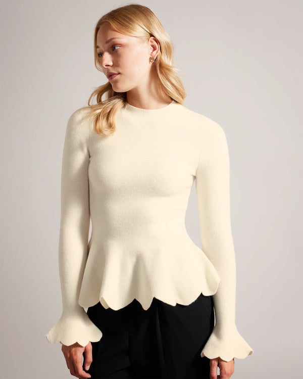 HAZALEN-Knitwear-Upgrade your knit drawer with the HAZALEN top. Its long fluted sleeves add a touch of drama to your every gesture, while a crew neck keeps things timeless and versatile. Knitted top Long fluted sleeves Crew neck Scalloped edge Peplum waist Stretch fabric- Ted Baker Romania