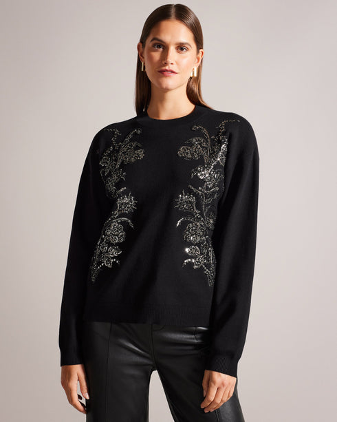 HAZLIE-Knitwear-HAZLIE offers a blend of comfort and elegance that's perfect for your everyday wardrobe. A round neck and drop shoulders create a relaxed silhouette, that's ideal for staying cosy and looking effortlessly chic. Jumper Round neck Long sleeves Drop shoulders Embroidered floral design- Ted Baker Romania