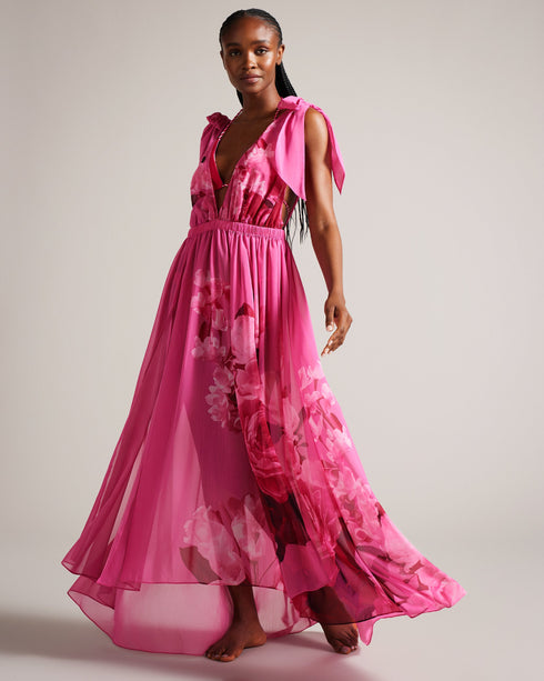 AYDRANA-Swimwear-With its maxi length and sheer fabric, the AYDRANA cover-up effortlessly drapes over your swimsuit, creating an air of relaxed elegance that's perfect for sandy shores and sunny escapades. Beach cover up Maxi length Halter neck Low back with self tie fastening Side split Sheer fabric Plunging neckline Elasticated waistband- Ted Baker Romania