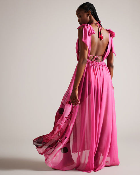 AYDRANA-Swimwear-With its maxi length and sheer fabric, the AYDRANA cover-up effortlessly drapes over your swimsuit, creating an air of relaxed elegance that's perfect for sandy shores and sunny escapades. Beach cover up Maxi length Halter neck Low back with self tie fastening Side split Sheer fabric Plunging neckline Elasticated waistband- Ted Baker Romania