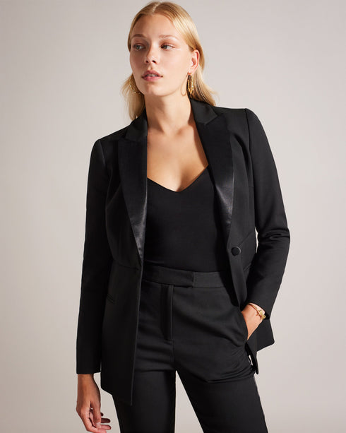 ARIAAL-Jackets-The sophisticated ARIAAL blazer adds a touch of luxury to your outfit. With its satin lapel and impeccable tailoring, this blazer is a statement of timeless fashion. Don't mind if we do. Tuxedo style blazer Satin peaked lapel Button fastening Pockets Long sleeves Jara is 5'10.5" / 1.79m and wears Black in a Ted size 1- Ted Baker Romania