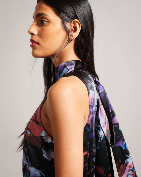 MARLEEH-Trousers-Dress to impress in MARLEEH. Featuring an oversized neck tie and a fitted waist, this sleeveless jumpsuit offers a sophisticated and flattering fit. Satin jumpsuit Floral print Wide leg Sleeveless Oversized neck tie Stand collar Fitted waist Zip fastening Samruddhi is 5'7" / 1.71m and wears Black in a Ted size 1- Ted Baker Romania