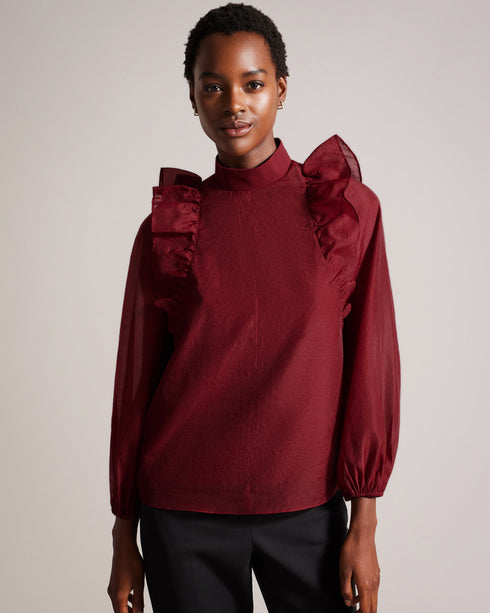 AUBREEI-Tops-Level up your wardrobe with AUBREEI. Made from organza with an oversized fit, this top strikes the perfect balance between elegance and comfort, making it an ideal choice for anything from a brunch date to a family party. Oversized organza top Frilled shoulder details 3/4 blouson sleeves Ribbed knit stand collar Lined body Button fastening Keyhole cut-out on back- Ted Baker Romania