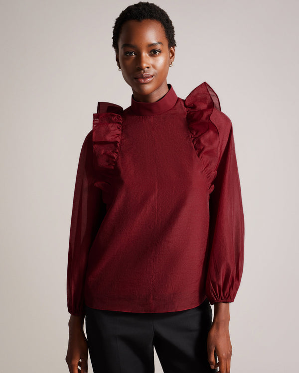 AUBREEI-Tops-Level up your wardrobe with AUBREEI. Made from organza with an oversized fit, this top strikes the perfect balance between elegance and comfort, making it an ideal choice for anything from a brunch date to a family party. Oversized organza top Frilled shoulder details 3/4 blouson sleeves Ribbed knit stand collar Lined body Button fastening Keyhole cut-out on back- Ted Baker Romania