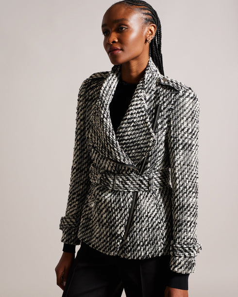 ROSEBY-Jackets-Meet ROSEBY: a biker jacket that reimagines the timeless style. This piece beautifully marries the iconic biker silhouette with a touch of glamour, thanks to its intricate boucle knit. Boucle biker jacket Wrap front Matching belt Asymmetric zip fastening Zip pockets Ayo is 5'8" / 1.73m and wears Black in a Ted size 1- Ted Baker Romania