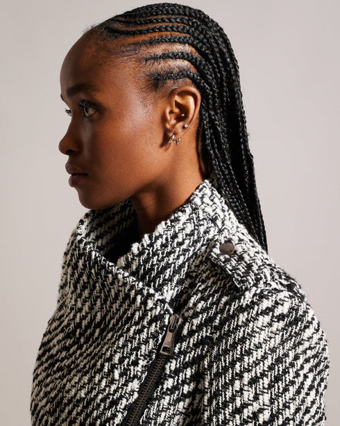 ROSEBY-Jackets-Meet ROSEBY: a biker jacket that reimagines the timeless style. This piece beautifully marries the iconic biker silhouette with a touch of glamour, thanks to its intricate boucle knit. Boucle biker jacket Wrap front Matching belt Asymmetric zip fastening Zip pockets Ayo is 5'8" / 1.73m and wears Black in a Ted size 1- Ted Baker Romania